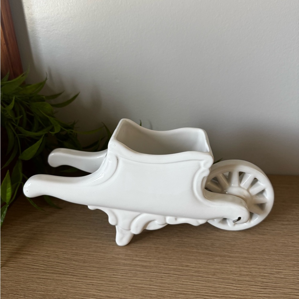 White Ceramic Wheelbarrow Planter